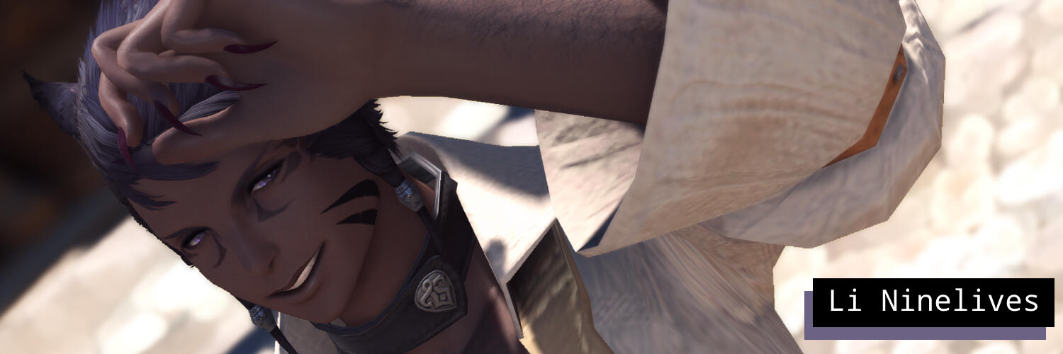 Screenshot of a miqo&#39;te holding one arm up as if to block the sun. He is grinning at the camera.