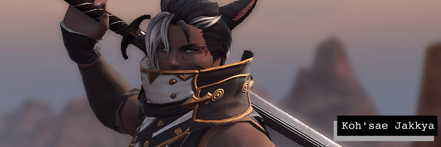 A screenshot of a Miqo&#39;te man with a sword resting on one shoulder, with a serious expression.